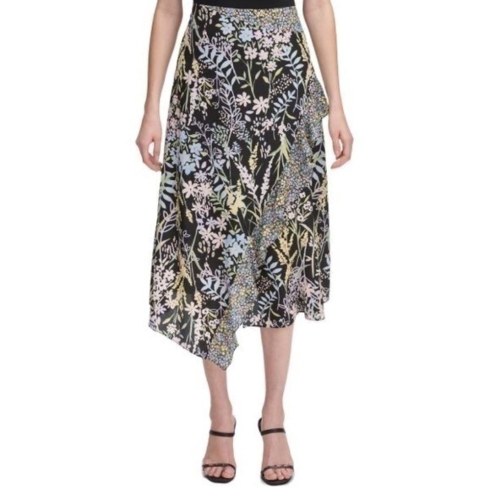 Calvin Klein Faux Wrap Floral Ruffle Midi Skirt